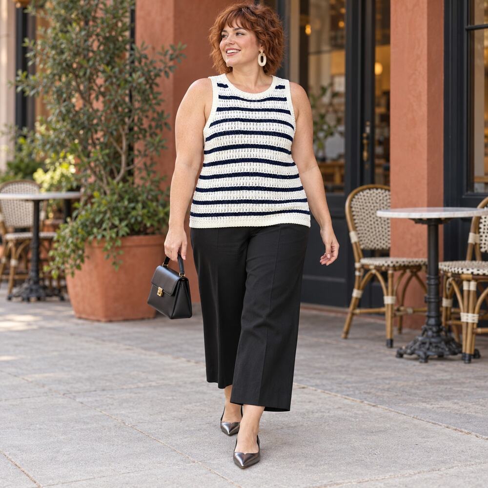 Madewell Tank Top WMNS M Ivory Navy Stripe Racerback Crochet Cotton Resort Ready